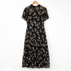 Lulus Dress Womens Medium Dark Cottage Floral Sheer Wedding Guest Romantic Midi